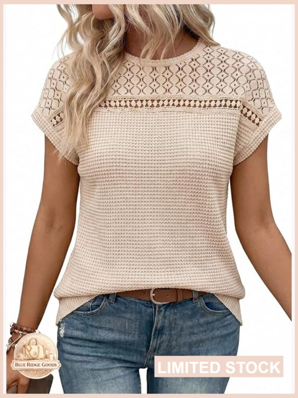Waffle Knit Crochet Top Loose Fit Scoop Neck Short Sleeve Boho Chic Tunic